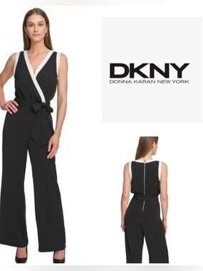 DKNY Black Jumpsuit with White Trim and Self-Tie Waist